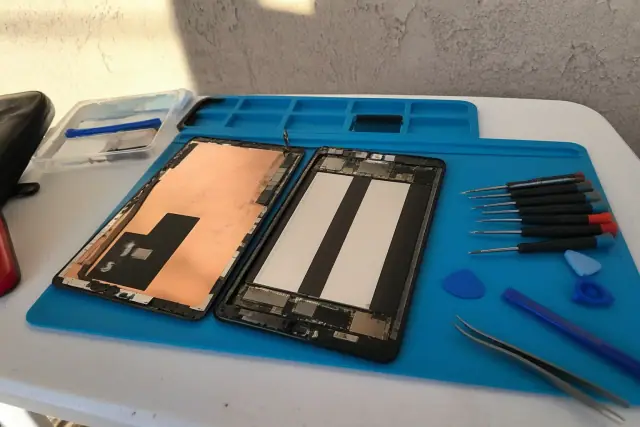 Tablet with internal components exposed and repair tools on a workstation in Phoenix, AZ.