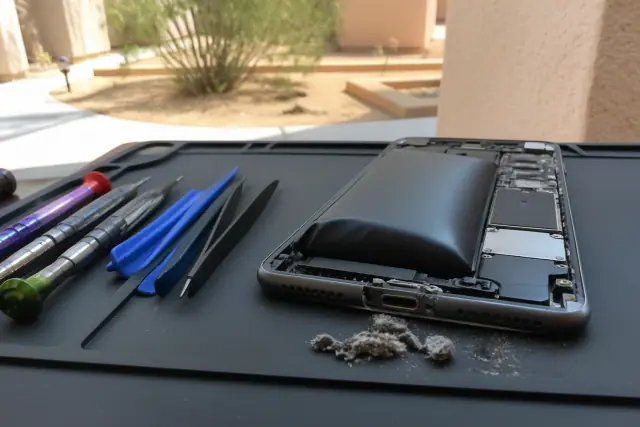 Swollen battery and debris in a charging port on an opened smartphone at a workstation in Phoenix, AZ.