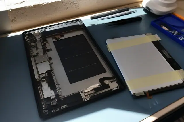 Android tablet chassis with an old battery removed and a new replacement battery being test fitted in Phoenix, AZ.