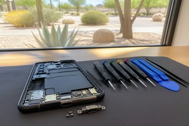 Professional repair tools beside an opened smartphone with an exposed USB-C charging port at a workstation in Phoenix, AZ.