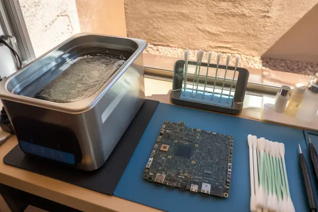 Circuit board being repaired for water damage in an ultrasonic cleaning bath at a workshop in Phoenix, AZ.