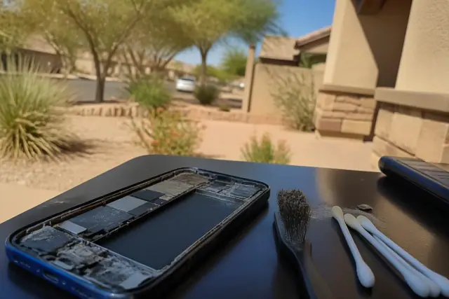 An opened smartphone with mineral corrosion on its logic board, brushes, and cotton swabs on a workbench in Goodyear, AZ.