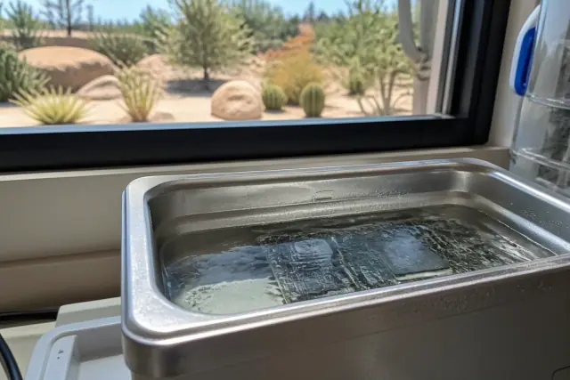 A circuit board submerged in an ultrasonic cleaning tank for phone repair in Paradise Valley, AZ.