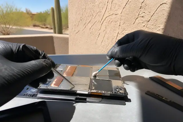 A tablet motherboard undergoing water damage restoration in a cleaning solution in Phoenix, AZ.