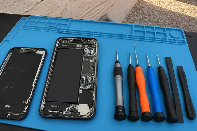Water-damaged motherboard of an opened smartphone with repair tools on a workstation in Phoenix, AZ.