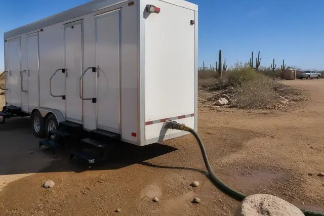 Portable shower trailer connected to a water hose at a job site in Phoenix, AZ.