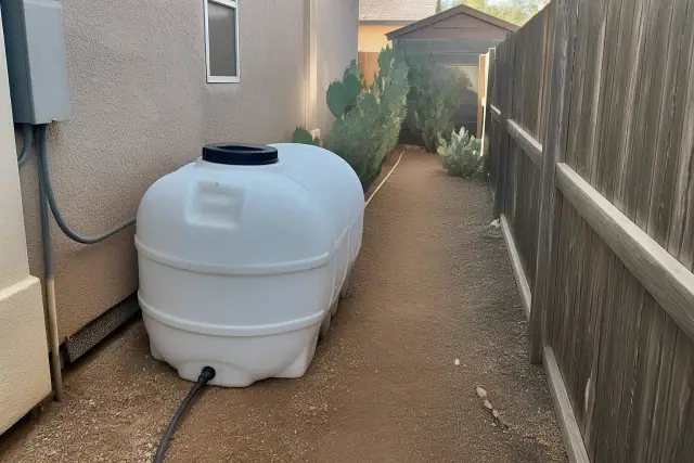 250-gallon portable waste holding tank placed on a narrow dirt path by a stucco wall in Phoenix, AZ.