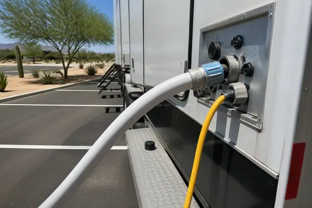 Utility connections for a restroom trailer on an asphalt lot in Phoenix, AZ, with water hose and power cable attached.