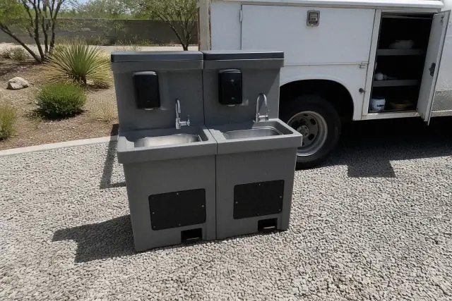 Accessible handwashing station on a gravel job site in Phoenix, AZ with desert landscaping in the background.