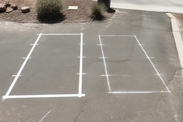 Chalk and tape ADA and standard unit floor footprints outlined on cracked asphalt in Phoenix, AZ.