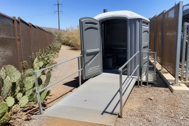ADA-compliant portable toilet with an access ramp on a gravel site in Phoenix, AZ.