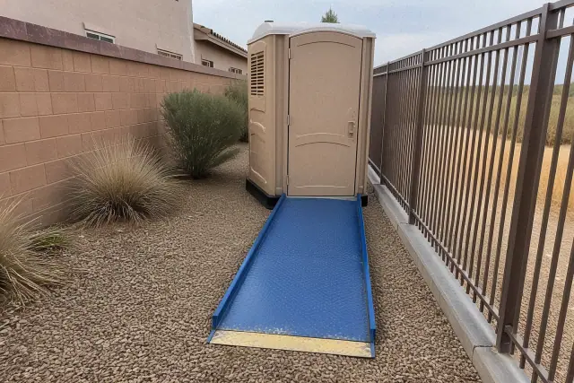 ADA-compliant portable toilet with a blue ramp in a gravel utility corridor in Gilbert, AZ.