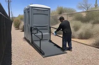Technician wiping the handrail of an ADA-compliant portable toilet on a gravel path in Phoenix, AZ.