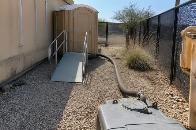 ADA-compliant portable toilet unit with extended ramp access in a Phoenix, AZ maintenance corridor.