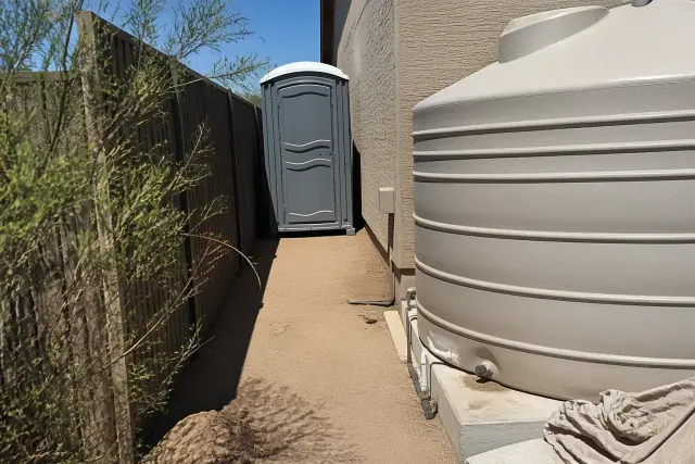 Porta potty placed on a narrow dirt path beside a fence in a backyard in Phoenix, AZ.