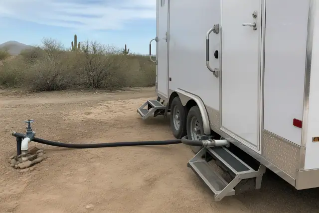 Portable shower trailer on a desert jobsite in Phoenix, AZ, connected to a water hose on hard-packed dirt.
