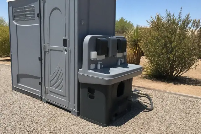 Combined restroom and sink rental unit on a gravel surface in Phoenix, AZ with water hoses connected.