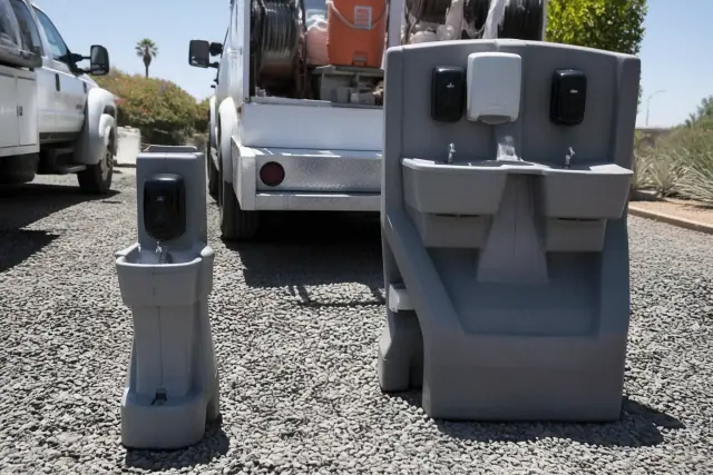 A dual handwashing station on a gravel lot at a jobsite in Phoenix, AZ.