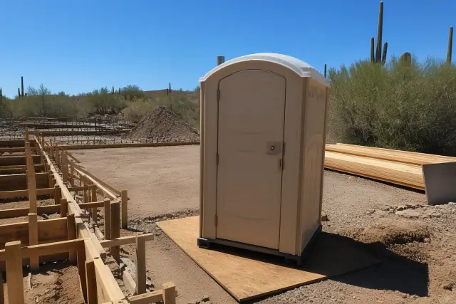 Construction-grade portable toilet on a plywood base at a job site in Phoenix, AZ, surrounded by desert brush.