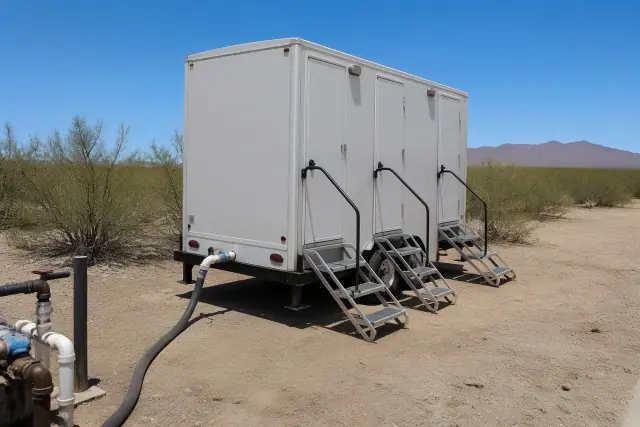 Portable shower trailer for construction workers on a dirt clearing in Phoenix, AZ.