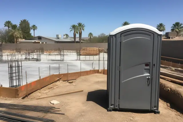 Portable toilet at a construction job site with a concrete foundation and rebar in Phoenix, AZ.