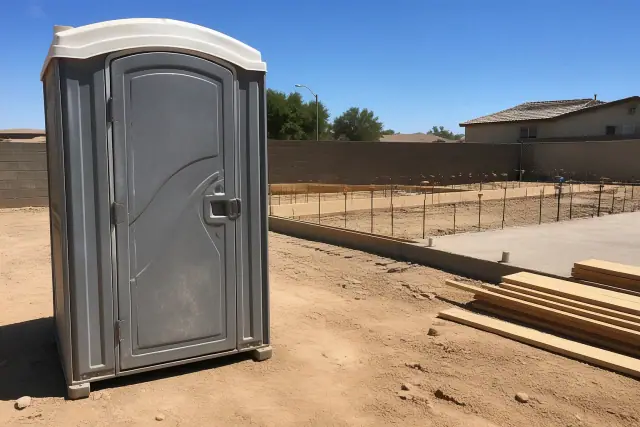 Portable toilet at a residential construction site on a concrete slab in Tempe, AZ.