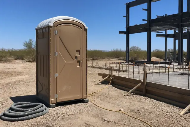 Portable toilet unit on a dusty construction site with framing materials in Goodyear, AZ.