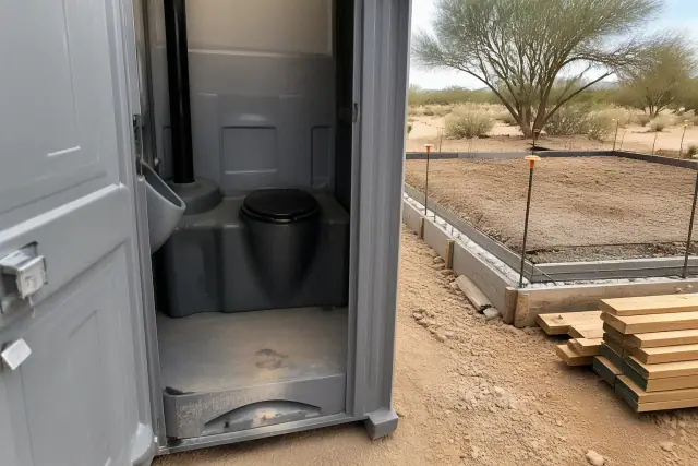 Portable construction toilet on a concrete slab foundation at a job site in Buckeye, AZ.