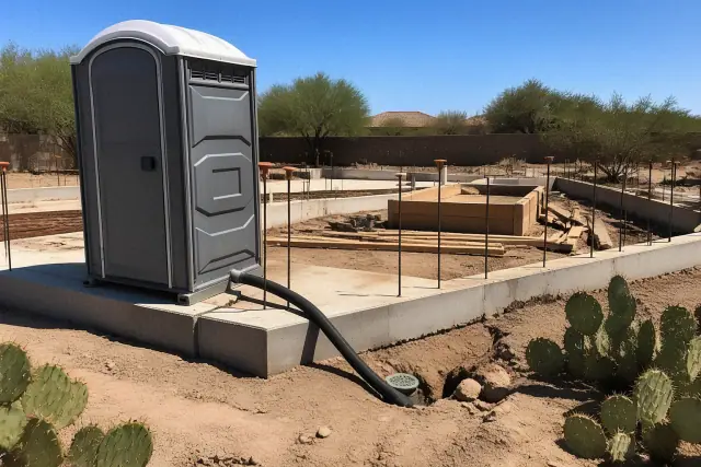 Construction portable toilet on a concrete slab foundation at a job site in Gilbert, AZ.