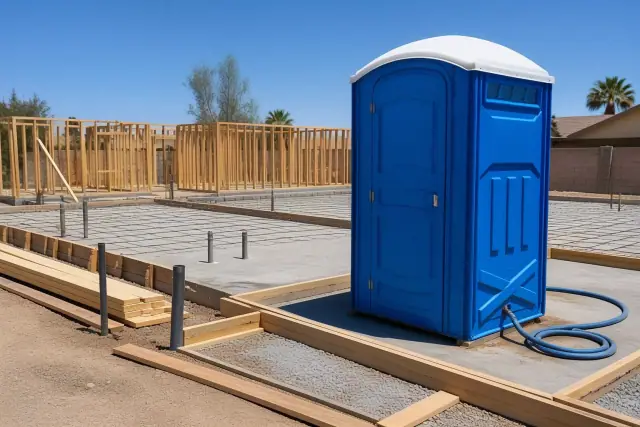 Blue portable toilet on a concrete foundation at a construction site in Chandler, AZ.