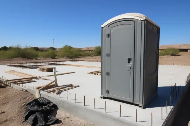 Portable construction toilet on a concrete foundation at a jobsite in Surprise, AZ.