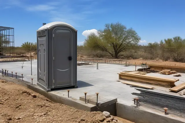 Construction portable toilet on a concrete foundation at a jobsite in Phoenix, AZ.