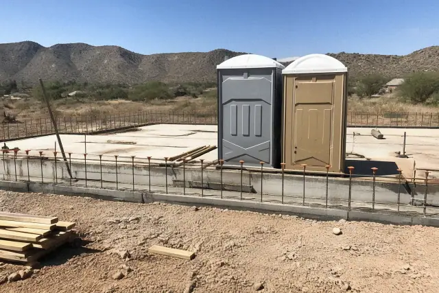 Construction portable toilets on a concrete slab foundation at a jobsite in Phoenix, AZ.