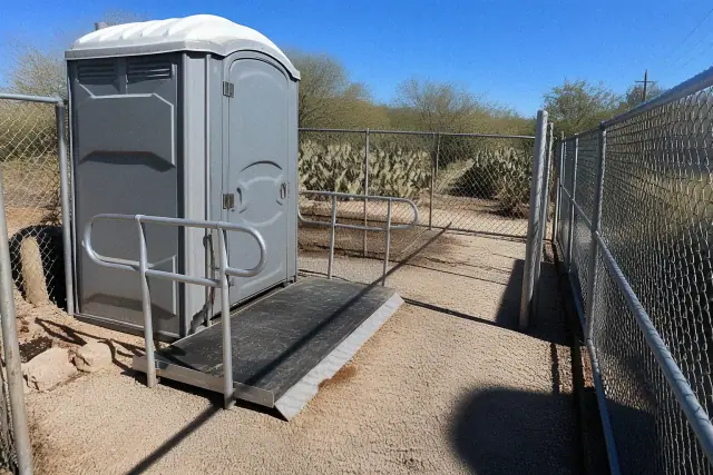 ADA-compliant portable toilet with a ramp installed on a gravel construction site in Phoenix, AZ.
