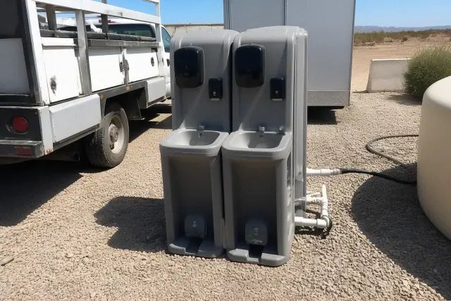Dual handwashing stations on a gravel construction site in Phoenix, AZ.