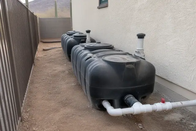 Construction site waste holding tanks on compressed soil next to a building in Phoenix, AZ.