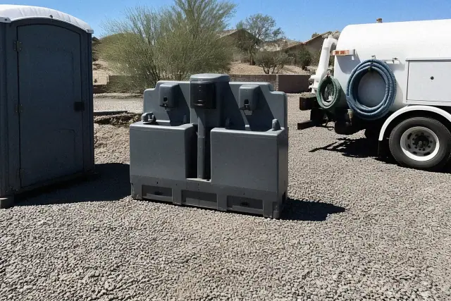 Portable toilets with integrated sinks on a gravel jobsite in Phoenix, AZ.