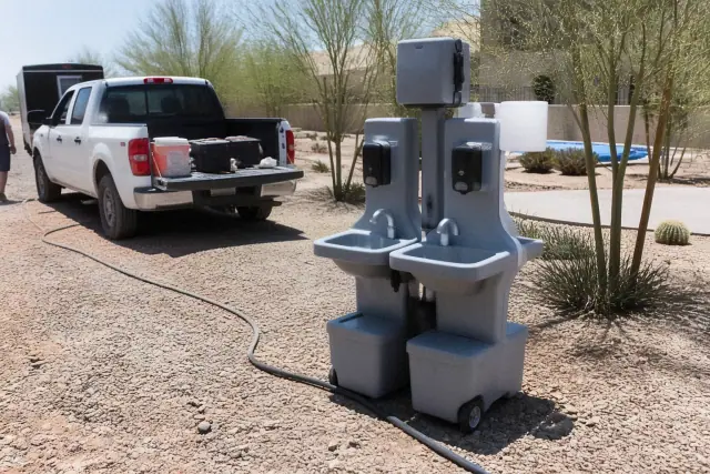 Double-basin handwashing station on a crushed stone jobsite in Phoenix, AZ.