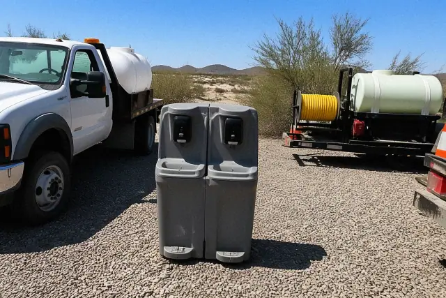 Dual handwashing station unit on a gravel lot in Phoenix, AZ with service vehicles and desert plants.