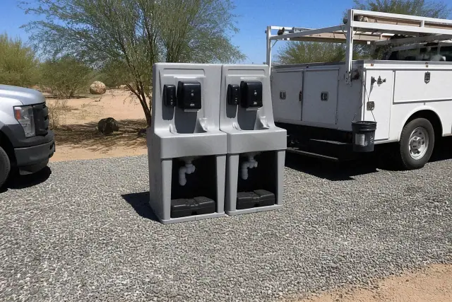 Dual handwashing station on a gravel site with service vehicles in Phoenix, AZ.