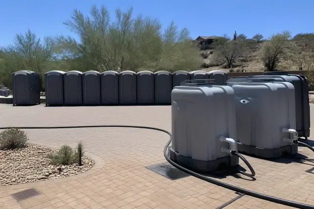 Event sanitation tank packages installed on a paved job site with desert scrub in Phoenix, AZ.