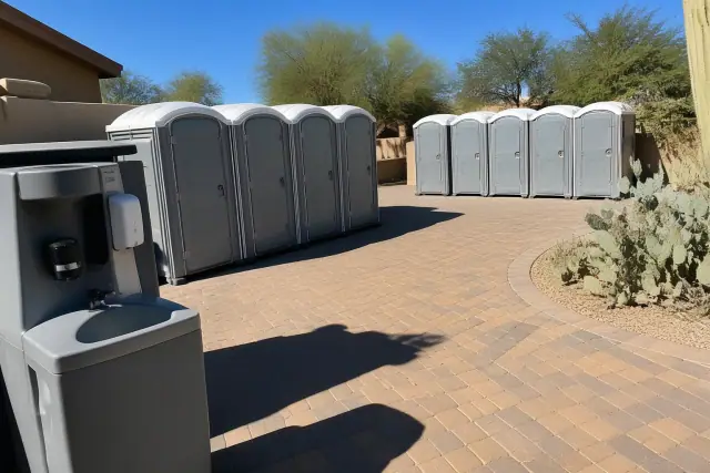 Portable toilets with handwashing sinks at an outdoor event venue in Phoenix, AZ.