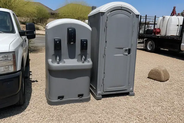 Hands-free flushing and sink unit at a gravel jobsite in Phoenix, AZ.