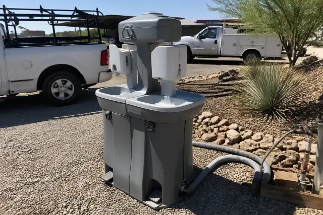 Dual handwashing station on a crushed stone surface at a construction jobsite in Tempe, AZ.