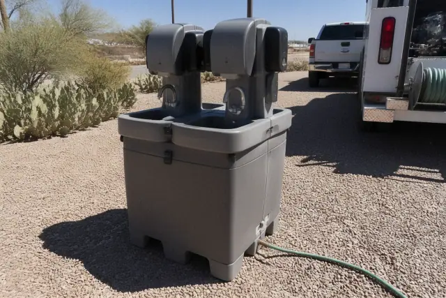 Dual handwashing station on a gravel site in Mesa, AZ with a garden hose connected to the basin.