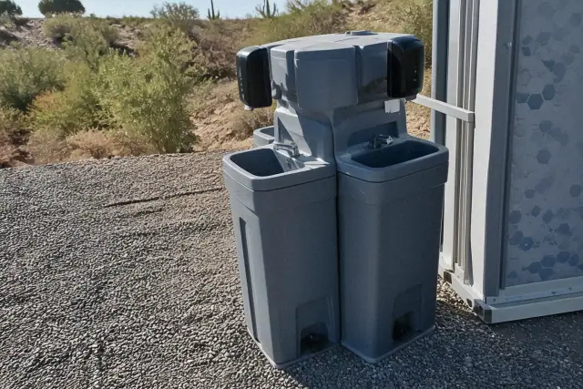 Dual handwashing station on a gravel surface at a Phoenix, AZ event site.