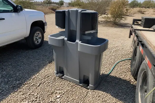 Dual handwashing station on a gravel lot next to service vehicles in Goodyear, AZ.