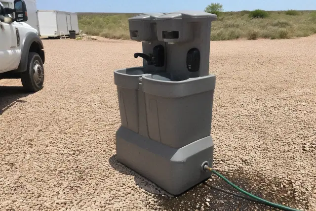 Portable handwashing station on a gravel base at a job site in Gilbert, AZ.