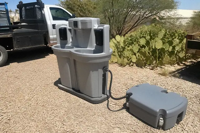 Portable handwashing station on a gravel lot next to service vehicles in Glendale, AZ.