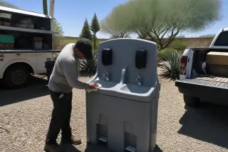 Technician cleaning a handwashing station on a gravel site in Phoenix, AZ.
